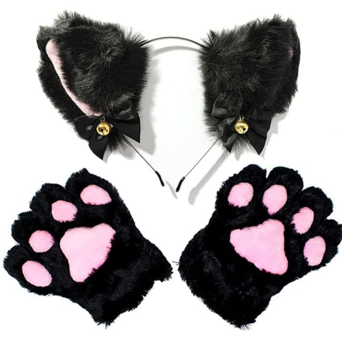 Katzen Ohren Maid Handschuhe Cosplay Kostüm Set Plüsch Ohr Glocke 1
