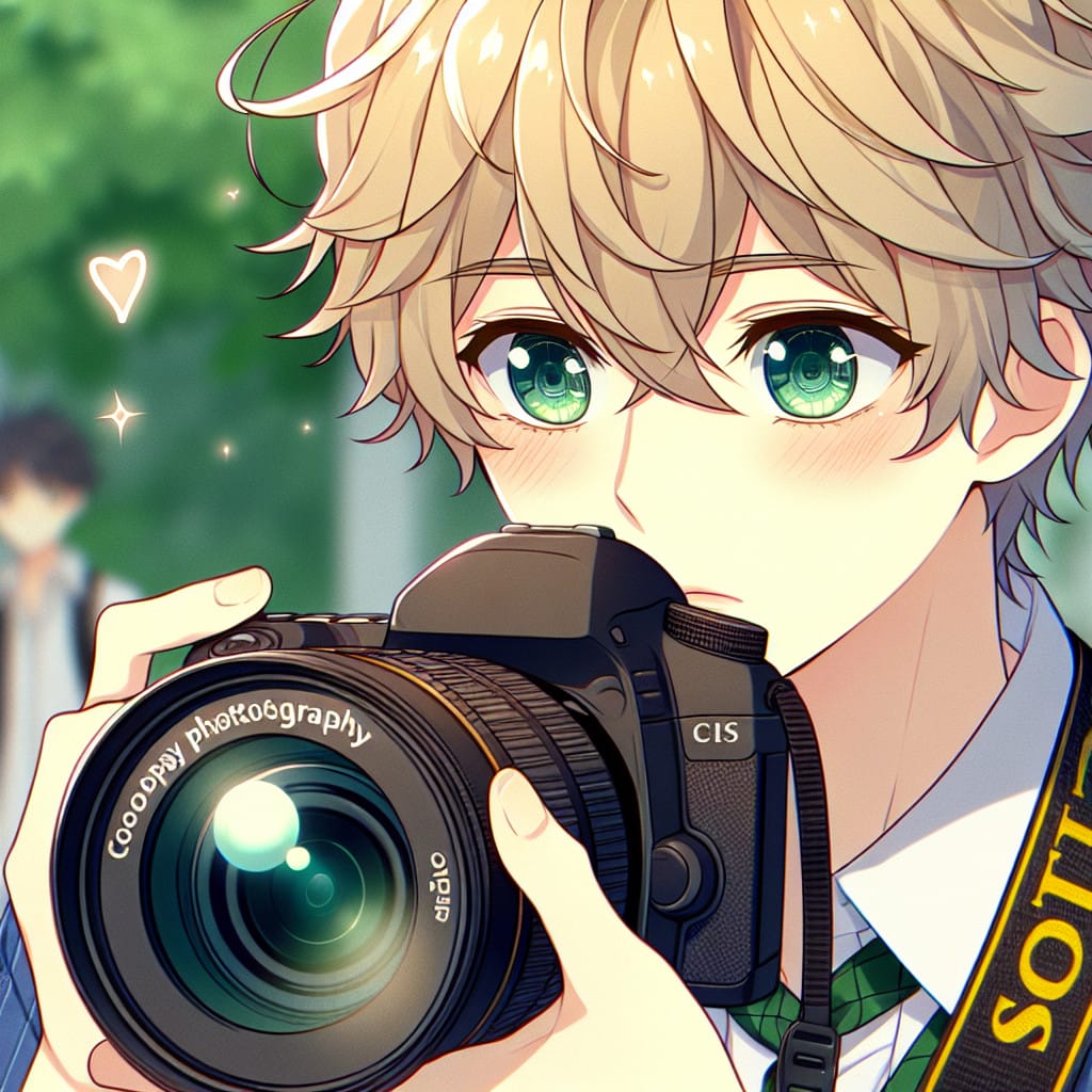 imagine in anime seraph of the end like look showing an anime boy with messy blond hair and green eyes working in cosplay fotograf