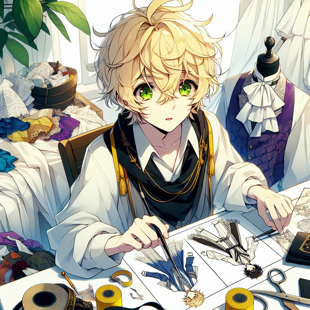 imagine in anime seraph of the end like look showing an anime boy with messy blond hair and green eyes working in kostumbauer