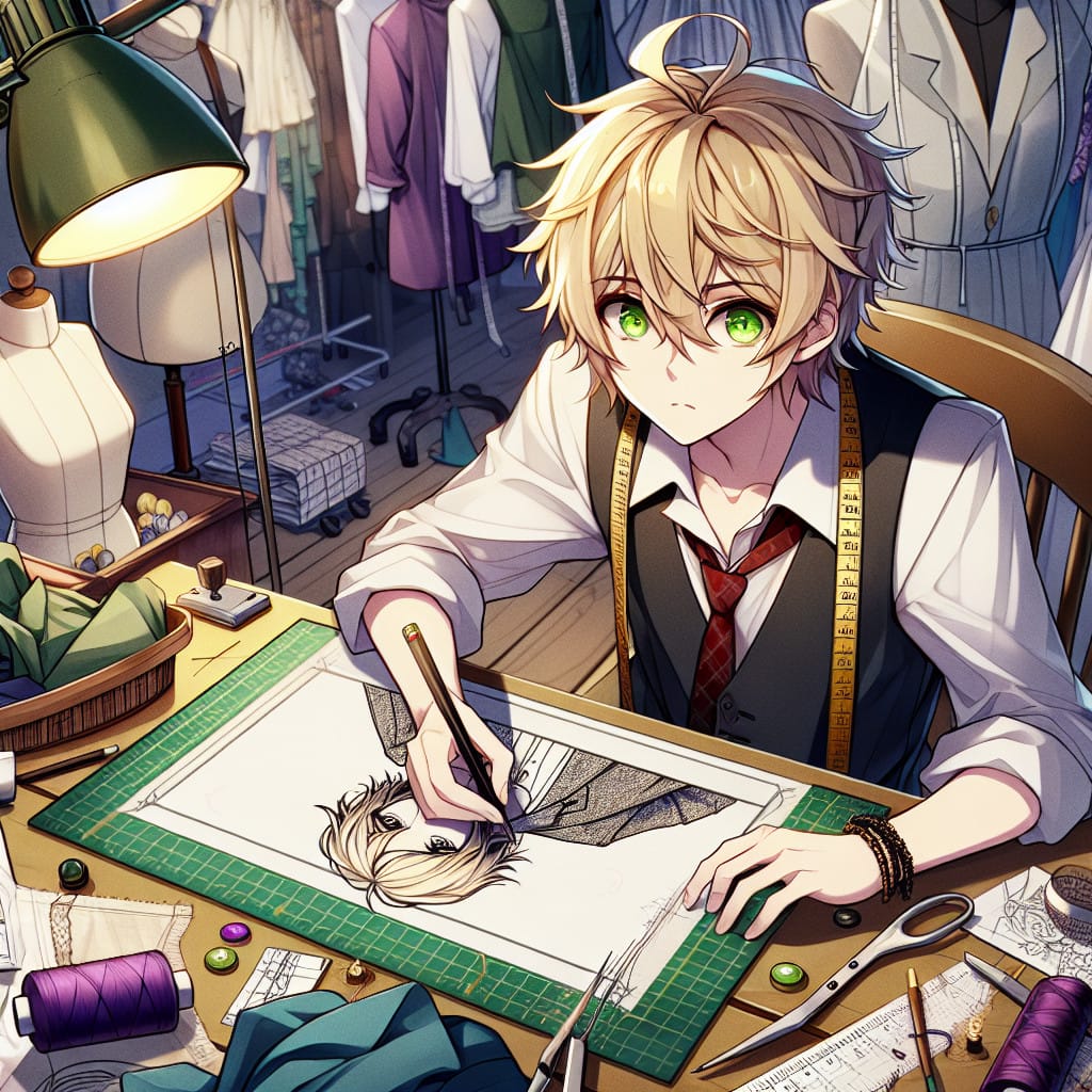 imagine in anime seraph of the end like look showing an anime boy with messy blond hair and green eyes working in kostumschauspieler